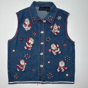 Vintage Y2K Ugly Christmas Denim Vest with Patriotic Embroidered Santa Figures
